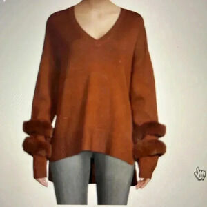 SAKS FIFTH AVE Faux Fur Trim V Neck Sweater  Brown Size S